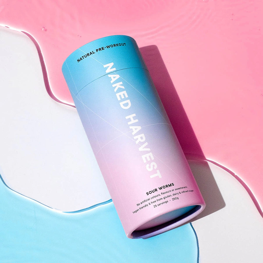 Gradient blue to pink container labeled 'Naked Harvest' on a pink and blue background