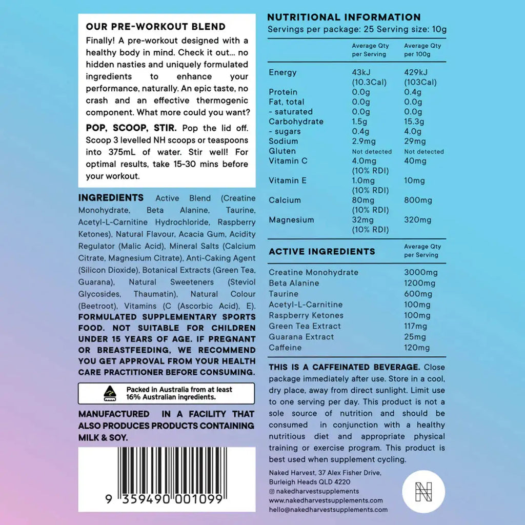 Nutritional information label for a pre-workout supplement on a blue and purple background