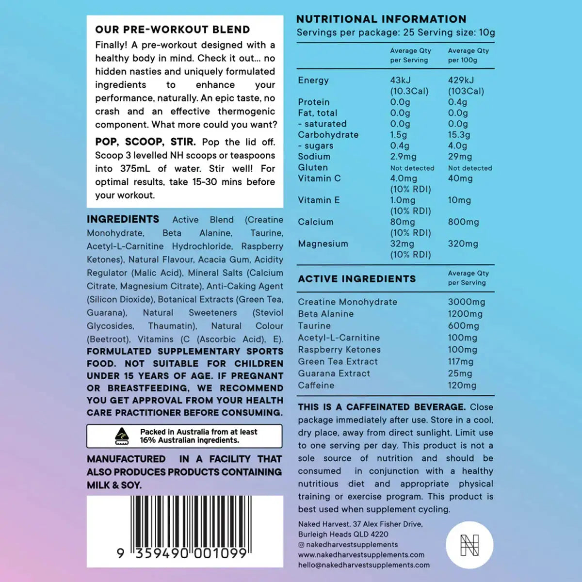 Nutritional information label for a pre-workout supplement on a blue and purple background