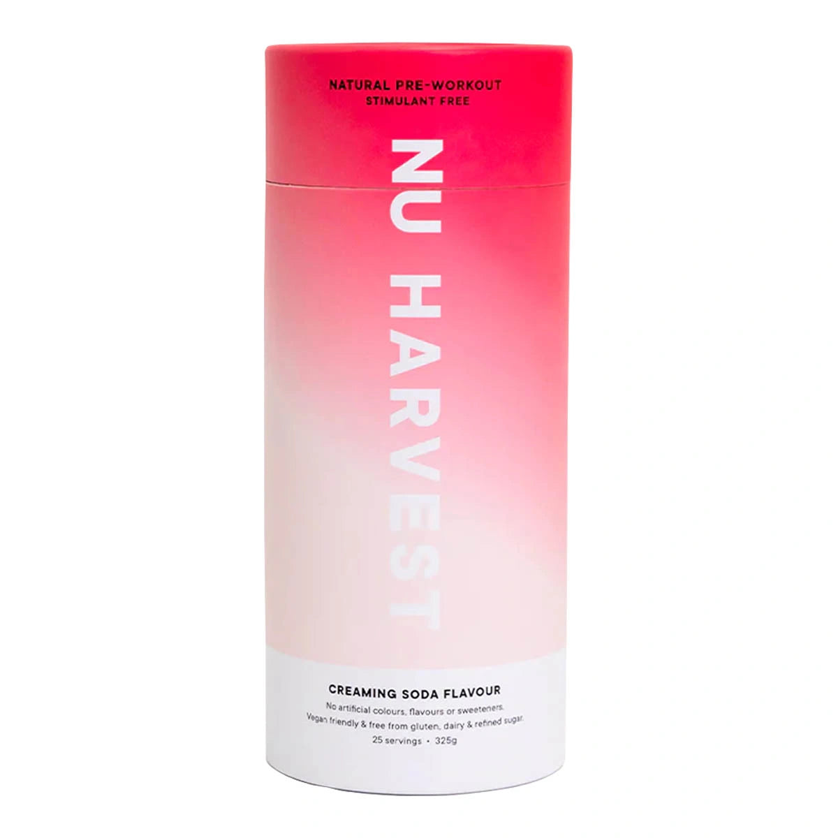 Nu Harvest pre-workout supplement container with pink and white gradient on a white background