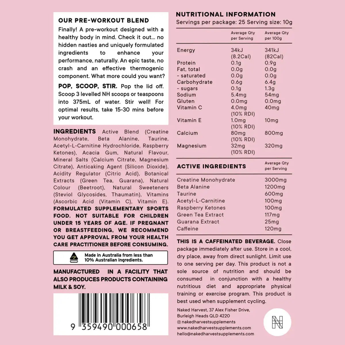 Nutritional information and ingredient list for sweet strawberry pre-workout supplement on a pink background