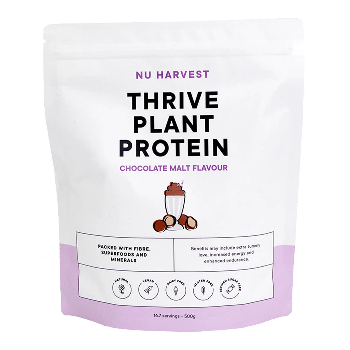 Nu Harvest Thrive Plant Protein package with chocolate malt flavor on a white background
