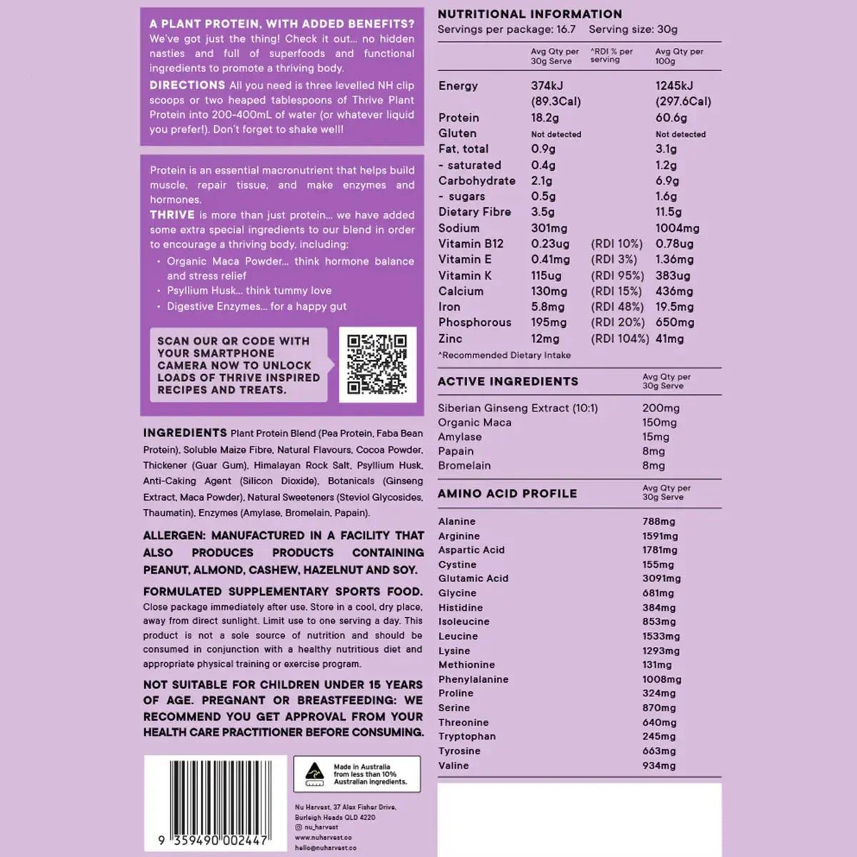 Nutritional information and ingredient list on a purple label