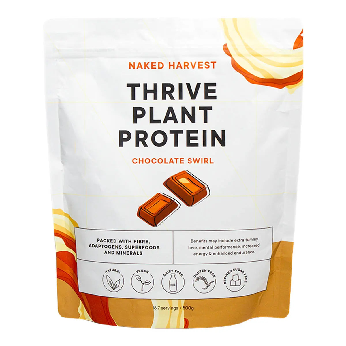 Naked Harvest Thrive Plant Protein package with chocolate swirl flavor on a white background