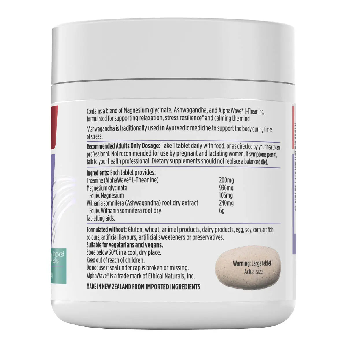 Back label of a supplement container with text and an ingredient list on a white background