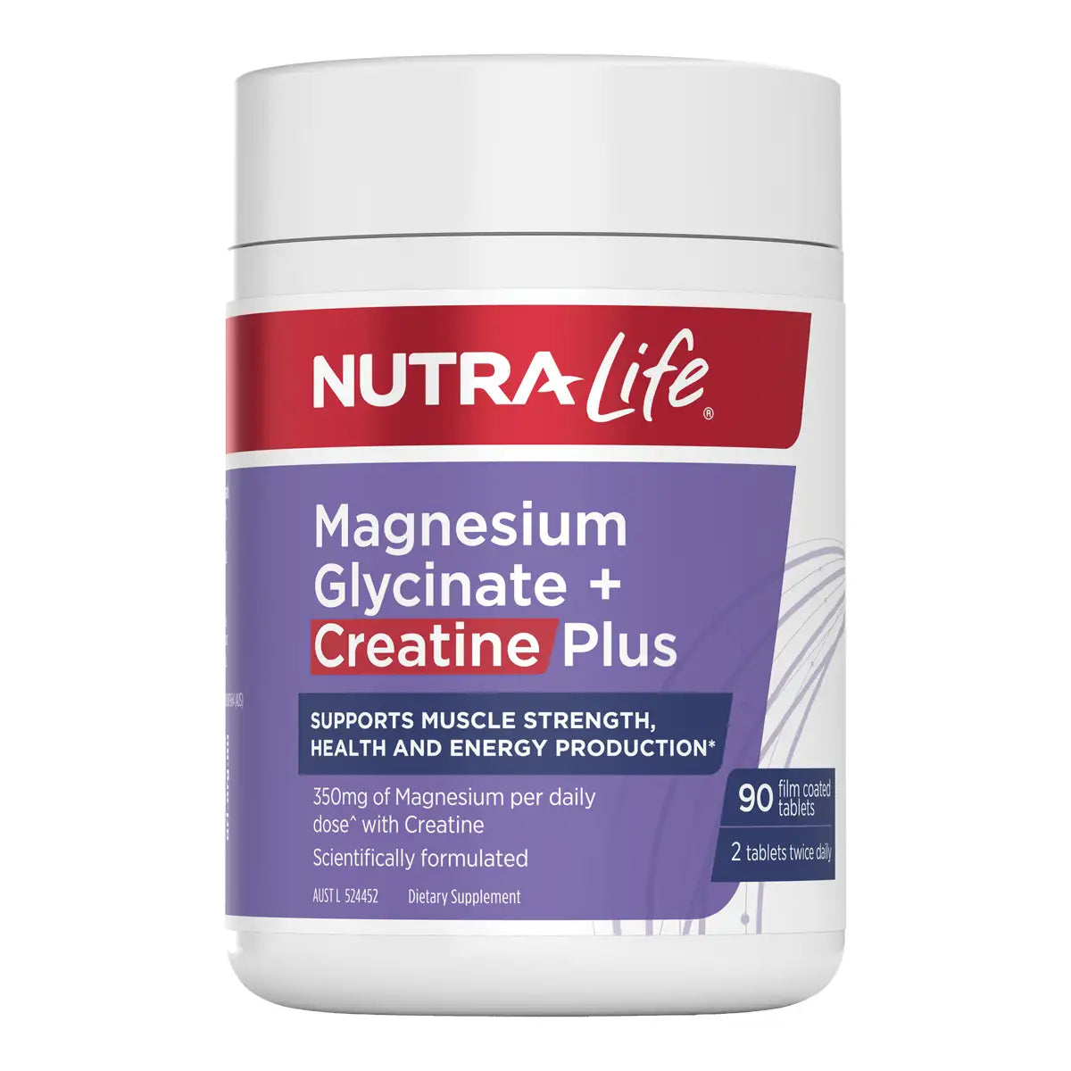 A white plastic bottle of Nutra-Life Magnesium Glycinate + Creatine Plus dietary supplement, featuring a purple and red label with white text.
