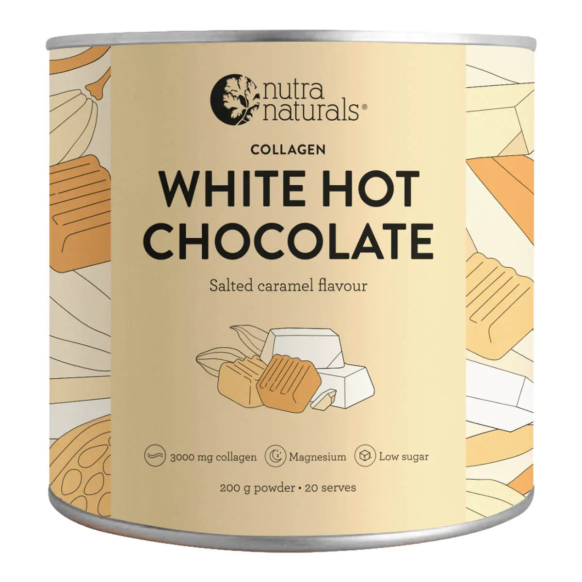 Can of Nutra Naturals collagen white hot chocolate with salted caramel flavor on a beige background