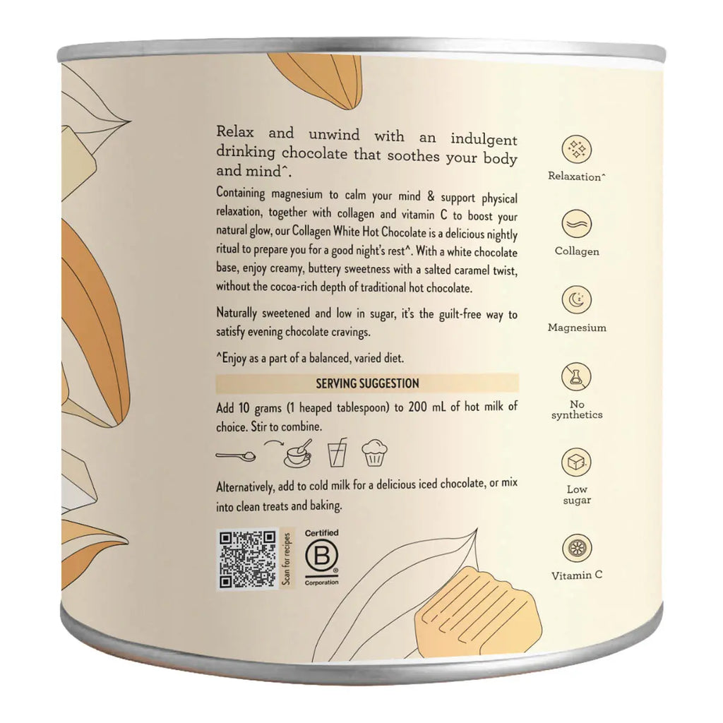 Back of a chocolate product packaging with text and illustrations on a beige background