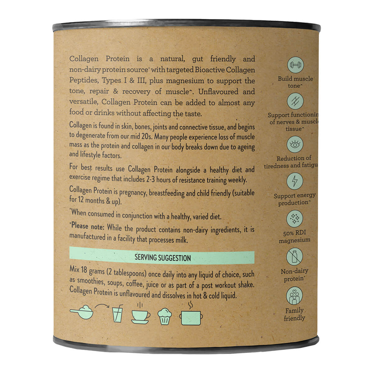 Collagen protein packaging with text and icons on a brown background.