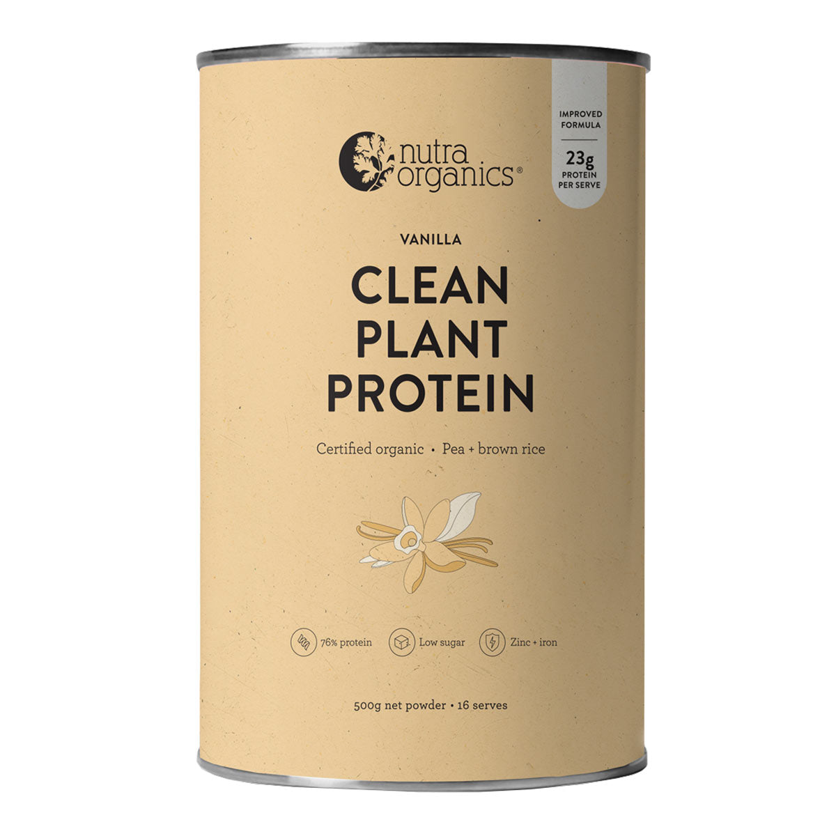 Can of Nutra Organics Vanilla Clean Plant Protein on a white background