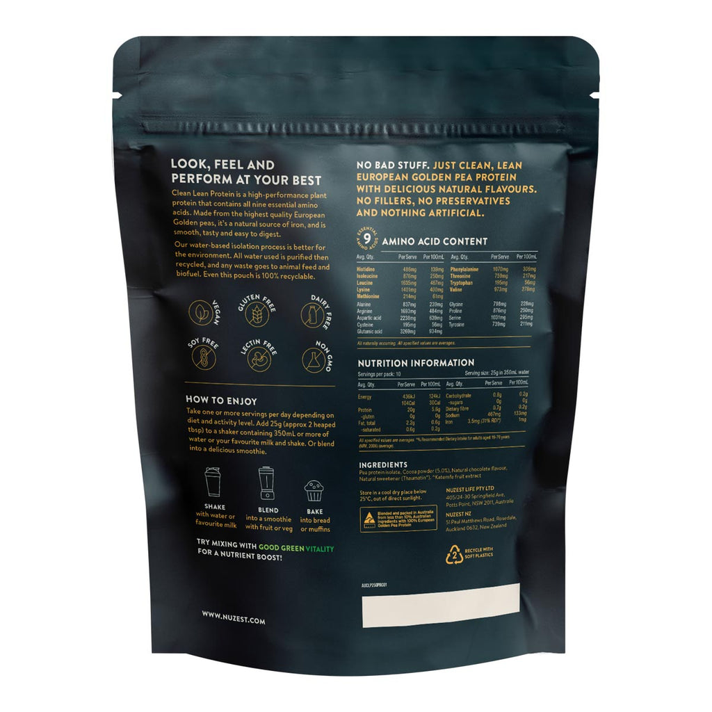 Black protein powder package with nutritional information and usage instructions on a white background