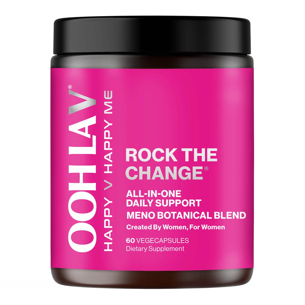 Pink supplement container with black lid labeled 'Ooh La V' on a white background. All in one daily menopause support.