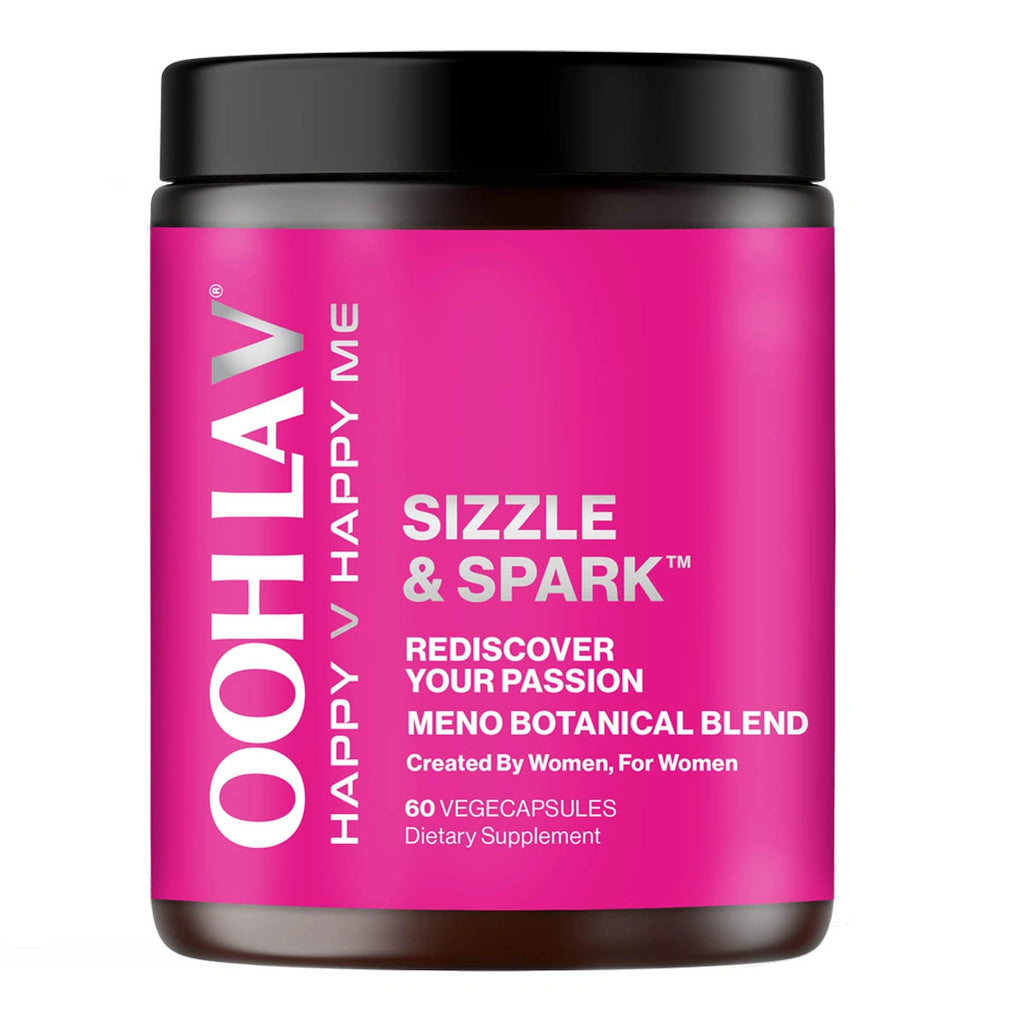 Pink supplement container labeled 'Sizzle & Spark' with black lid on a white background