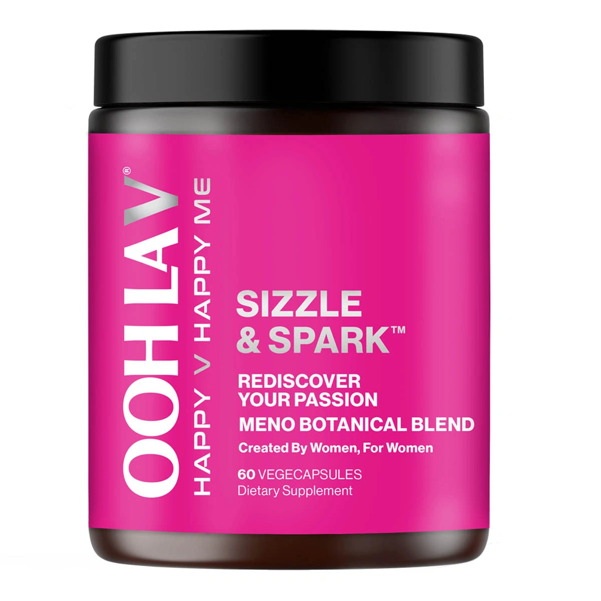 Pink supplement container labeled 'Sizzle & Spark' with black lid on a white background