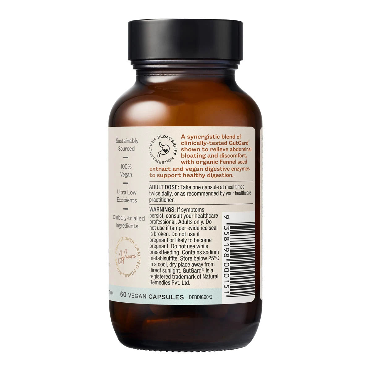 Bottle of vegan digestive capsules with label on a white background