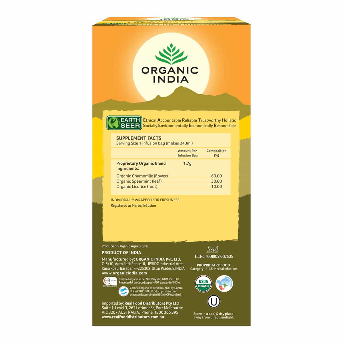 Organic India tea packaging with visible branding and ingredient details.