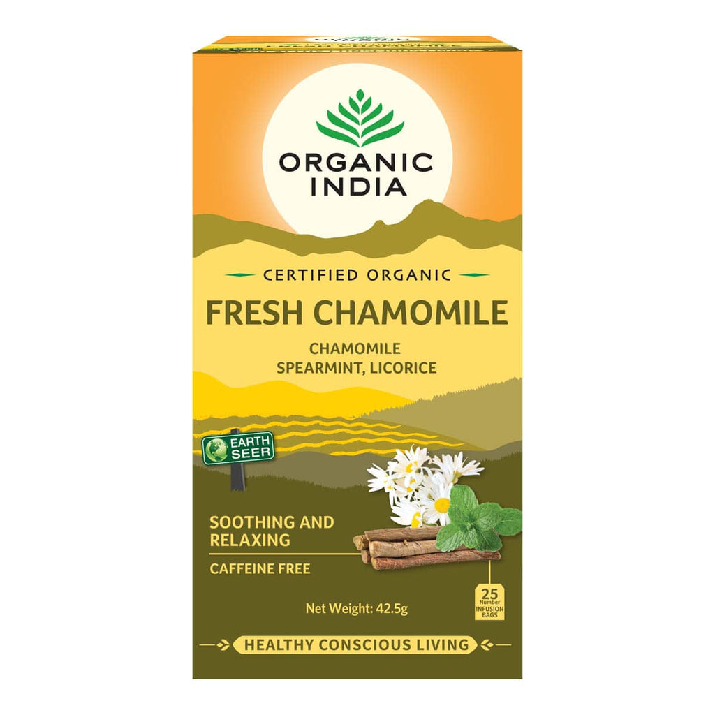 Box of Organic India Fresh Chamomile tea on a white background.