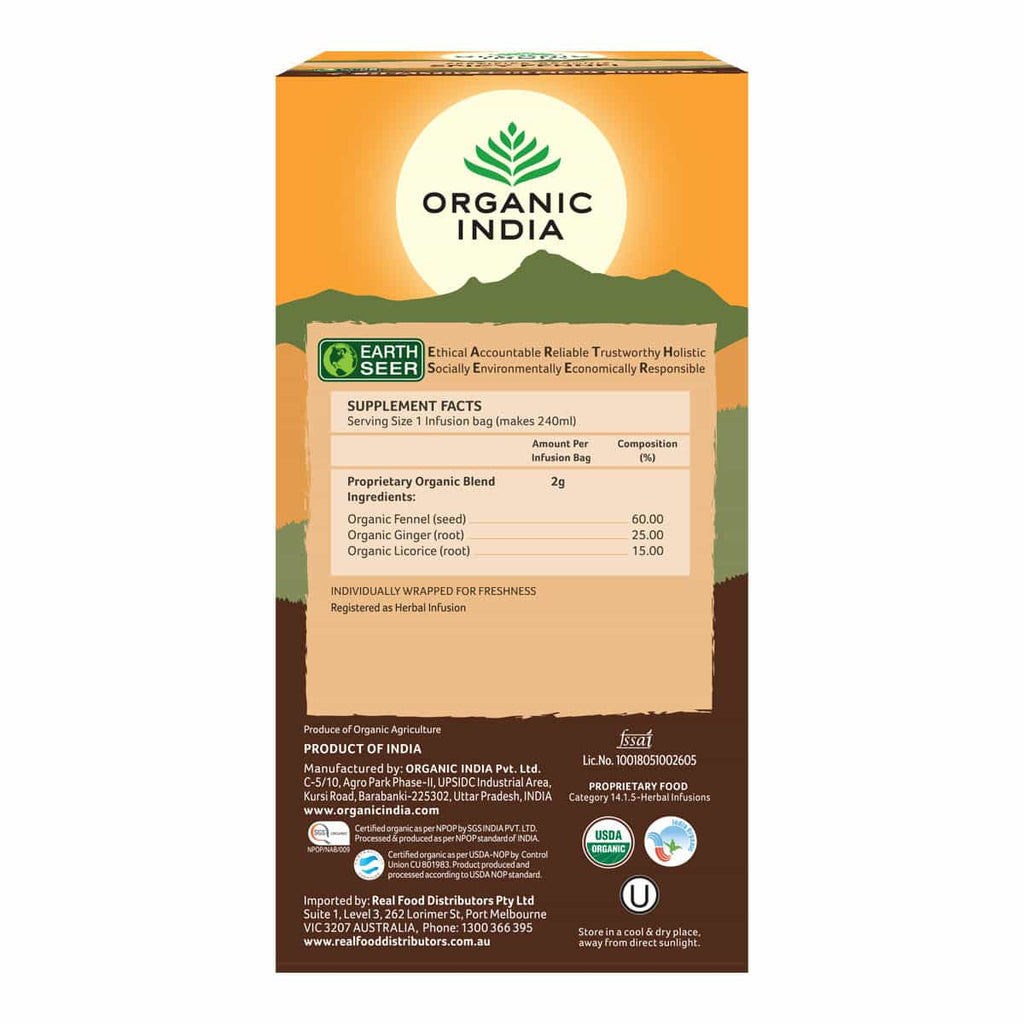 Box of Organic India tea with branding and ingredient information on a white background.