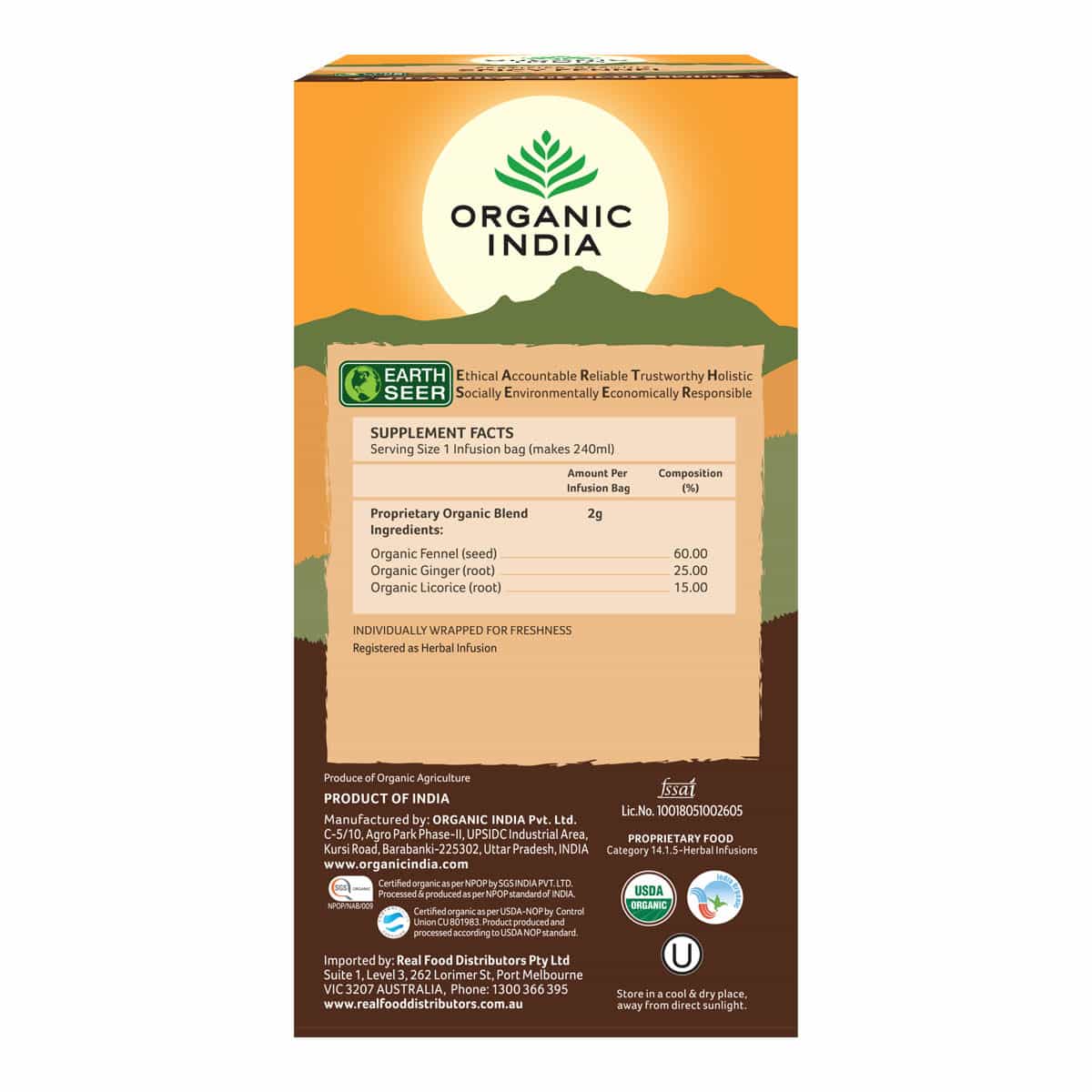 Box of Organic India tea with branding and ingredient information on a white background.