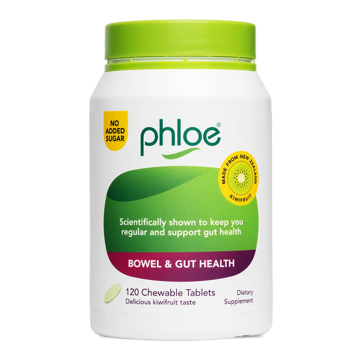 Phloe brand dietary supplement bottle for 'Bowel & Gut Health' containing 120 chewable tablets. The white bottle has a bright lime green cap and a label featuring green and purple sections with product details.