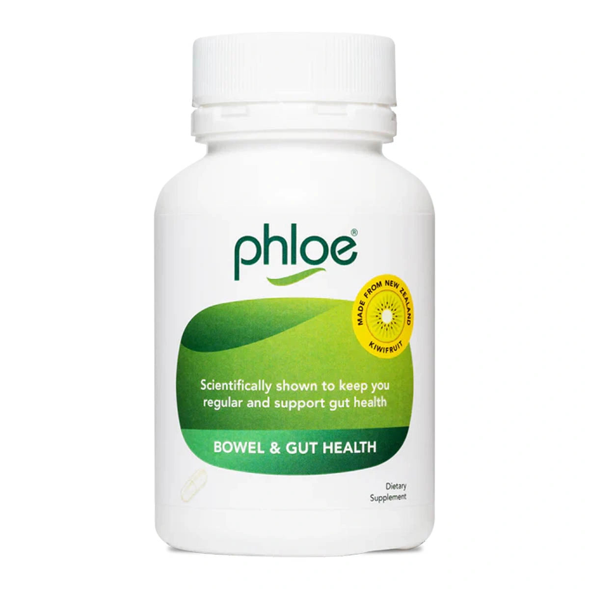 Bottle of Phloe Bowel Health 50 Vegecaps on a white background. Made from NZ kiwifruit.