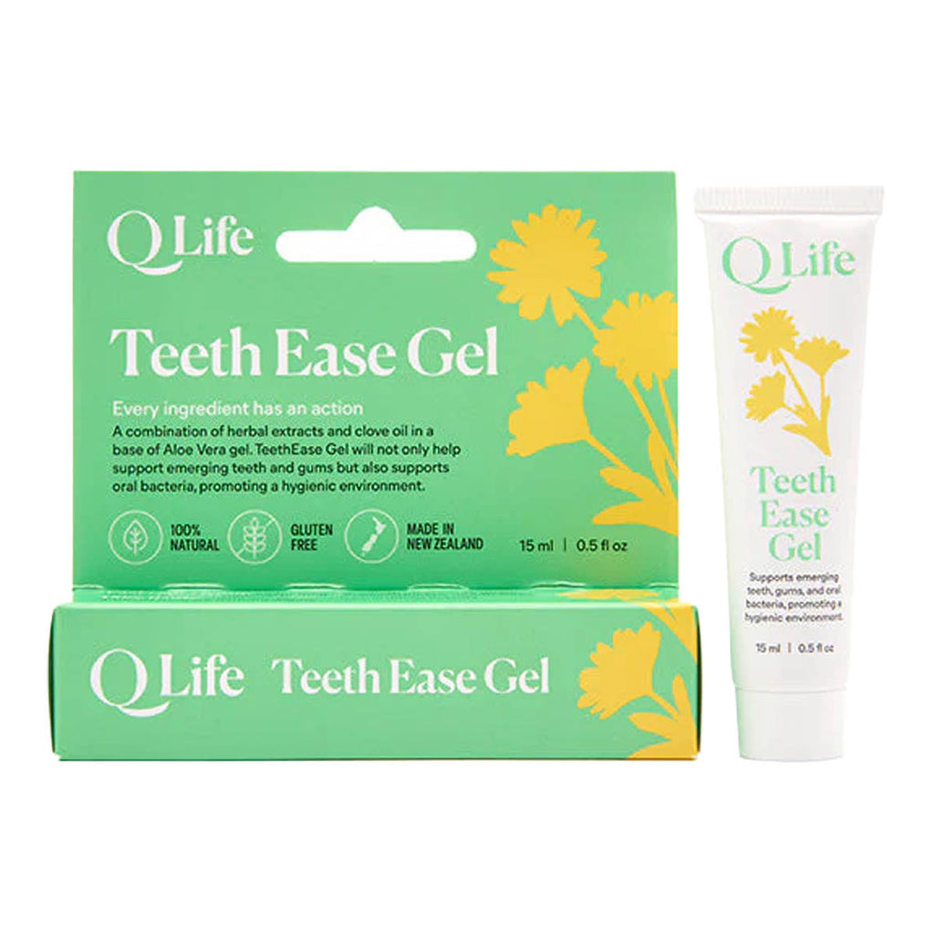 Q Life Teeth Ease Gel packaging set including a green and yellow box, a matching tube, and a box tray on a white background.