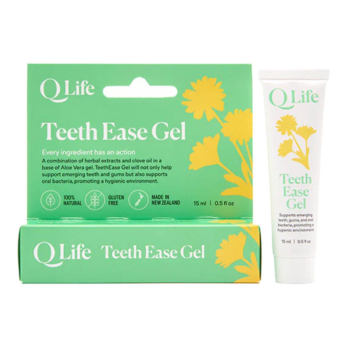Q Life Teeth Ease Gel packaging set including a green and yellow box, a matching tube, and a box tray on a white background.