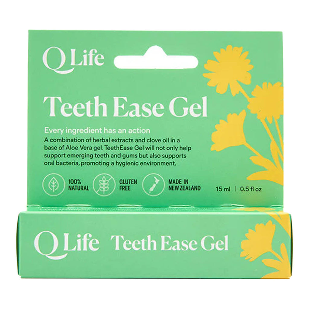 Q Life Teeth Ease Gel packaging box in green with yellow floral illustrations and white text, shown on a plain white background.