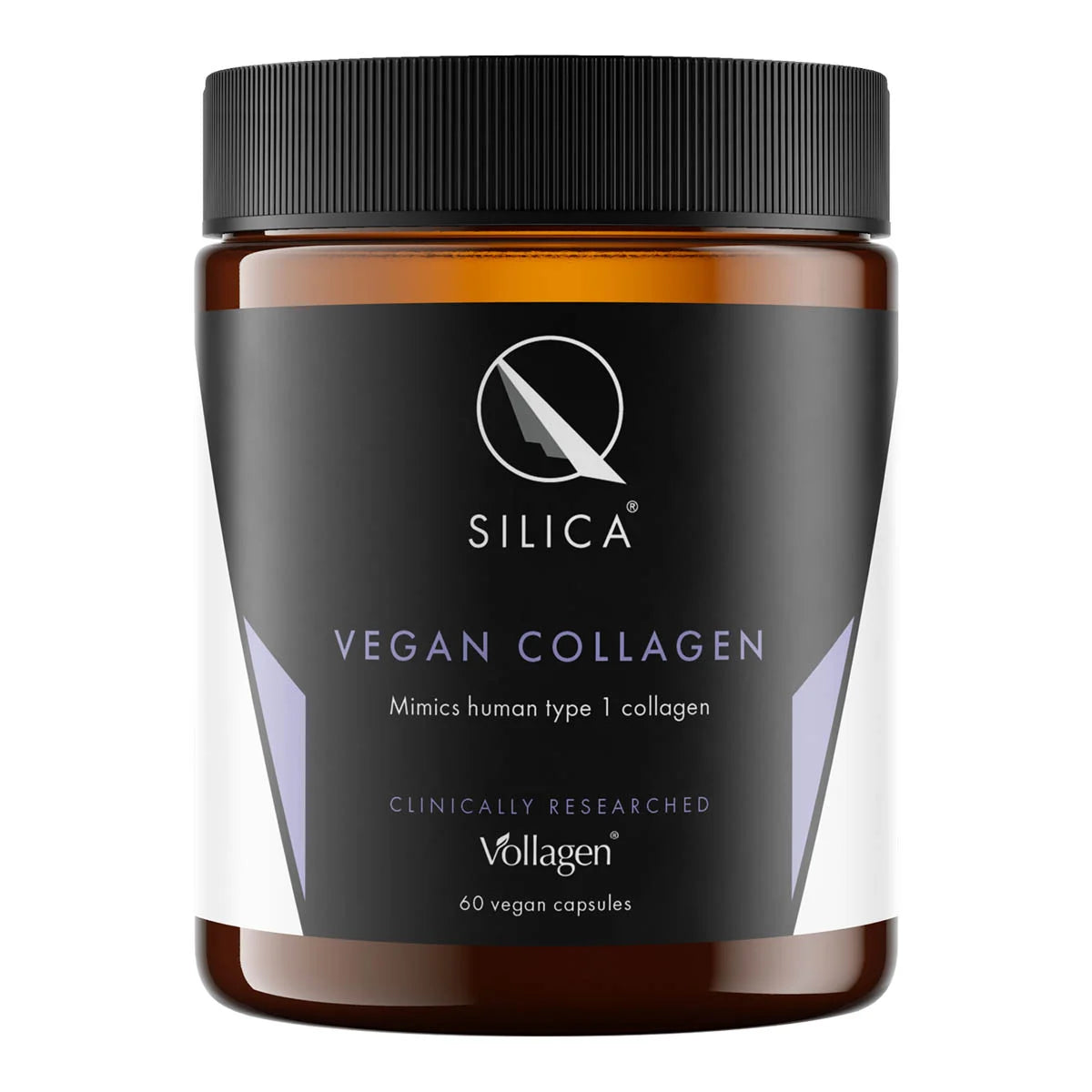 Vegan collagen supplement jar with black lid and label on a white background