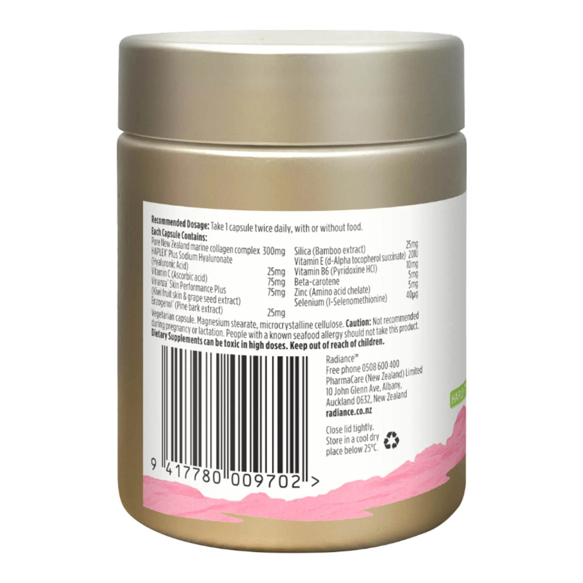 Back view of a supplement container with label and barcode on a white background