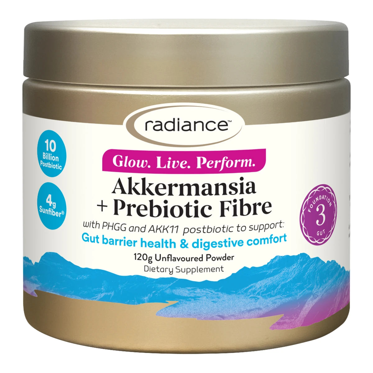 A jar of Radiance Akkermansia + Prebiotic Fibre dietary supplement powder, featuring a metallic gold lid and base with a white label containing blue and purple graphics.