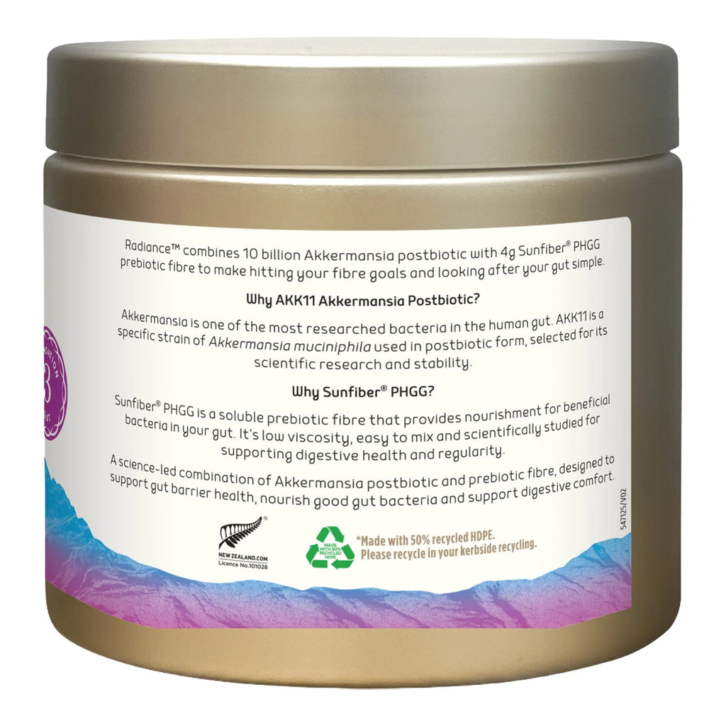 A jar of Akkermansia Prebiotic Fibre with a dark brown lid and base, featuring a white label with purple and blue graphics and text, on a white background.