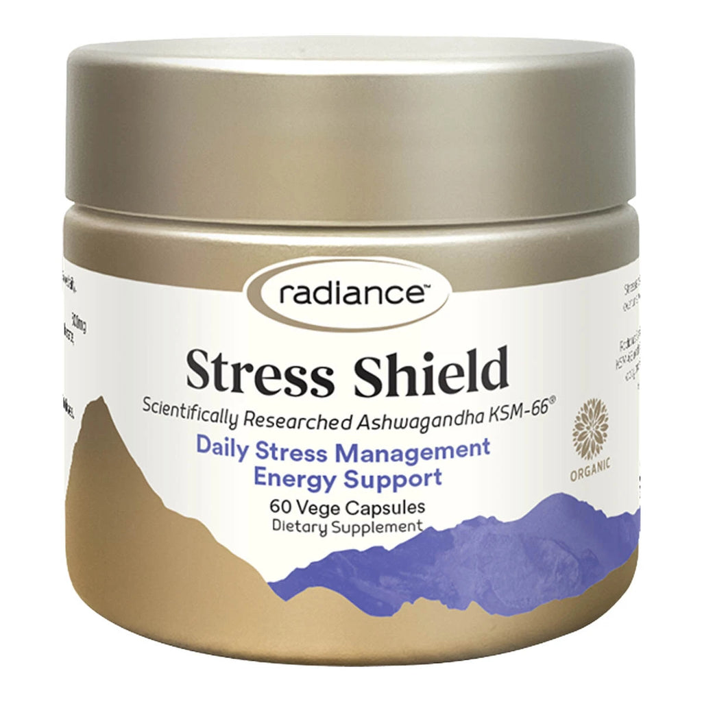 Radiance Stress Shield in golden plastic jar with 60 vege capsules. Scientifically Researched Ashwagandha KSM-66, daily stress management, energy support.