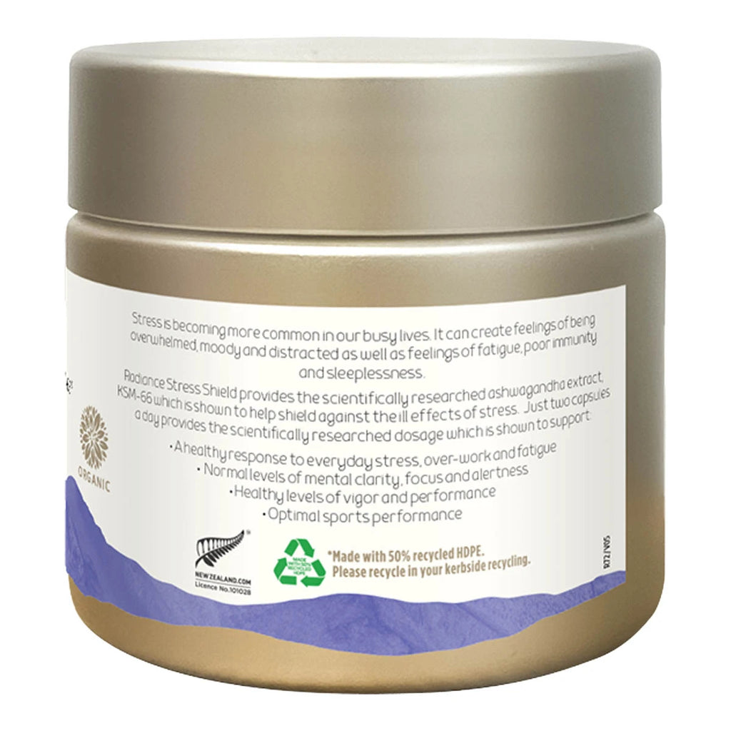 Side of Ashwagandha Stress Shield showing a blurb about the product's benefits.