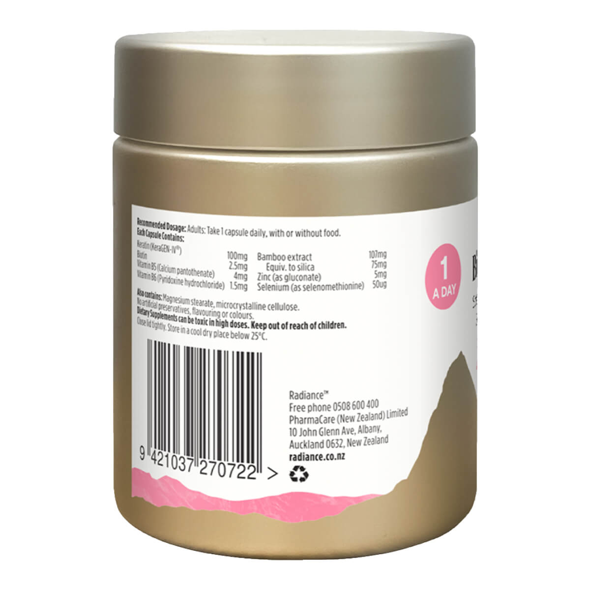 Back view of a supplement jar with label and barcode on a white background