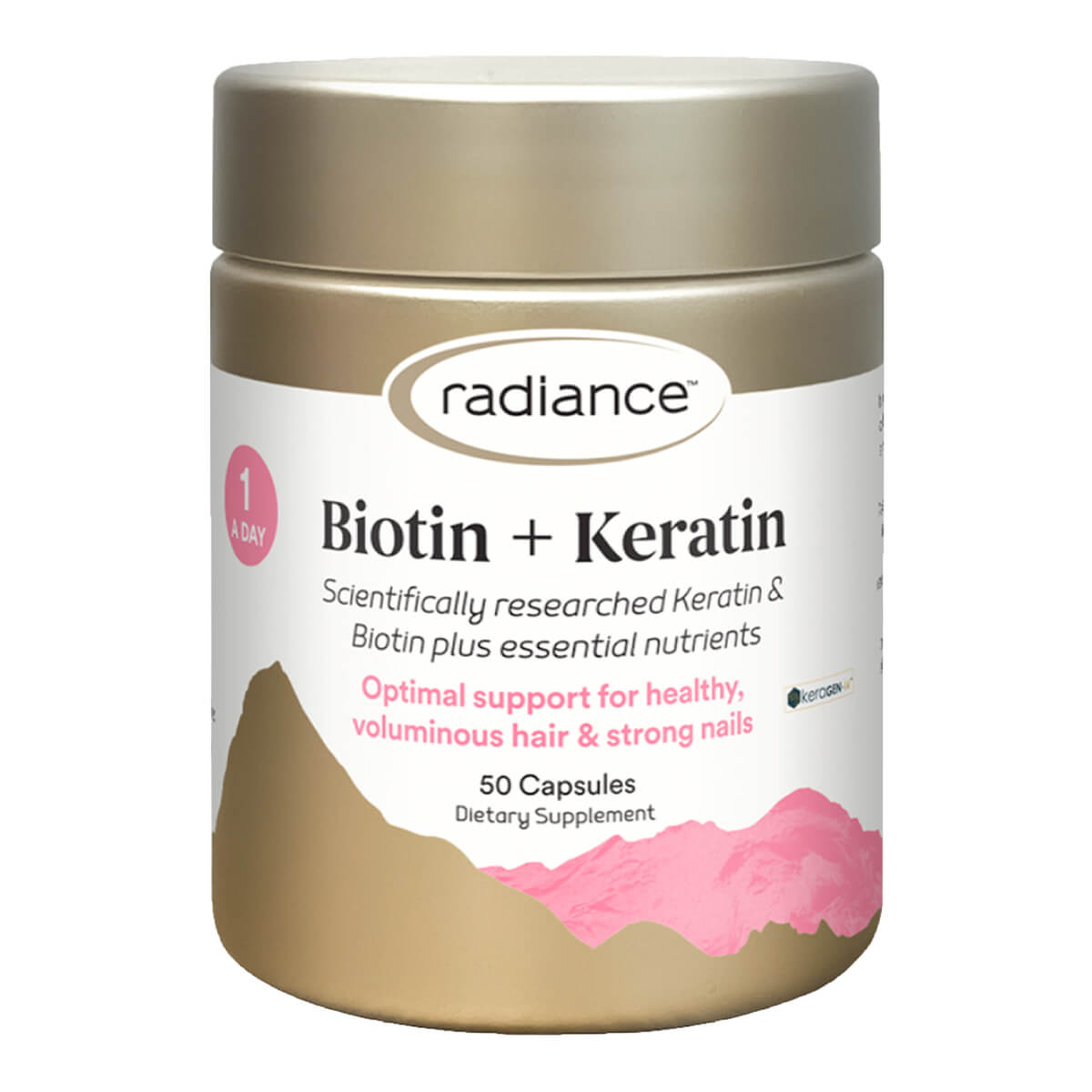 Radiance Biotin + Keratin supplement jar on a white background