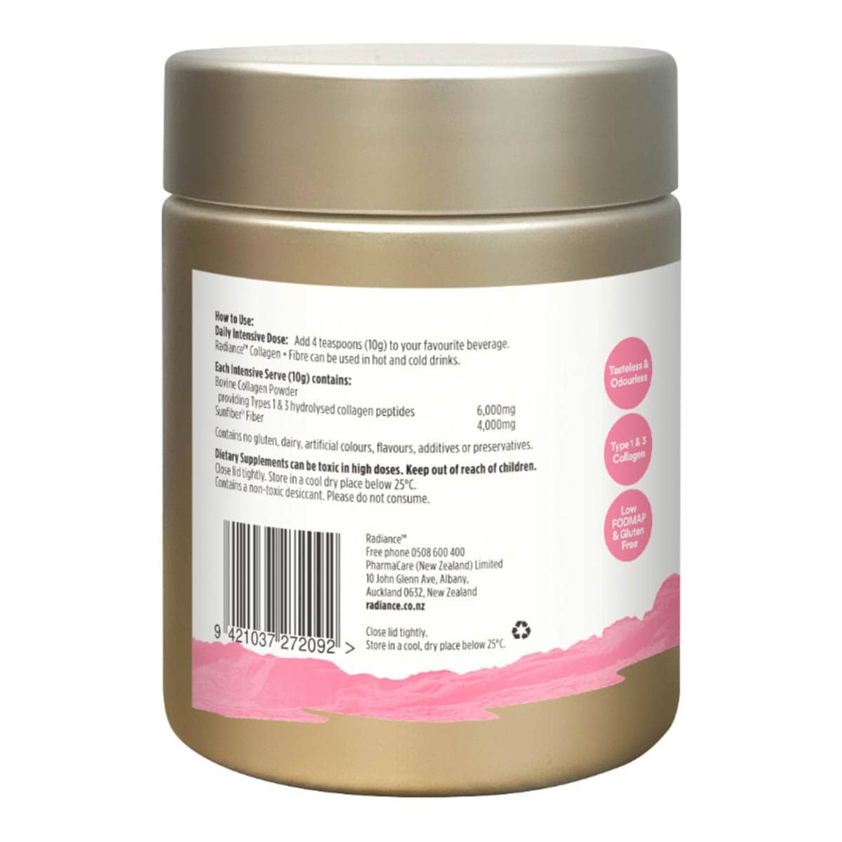 Back view of a supplement container with pink and white label