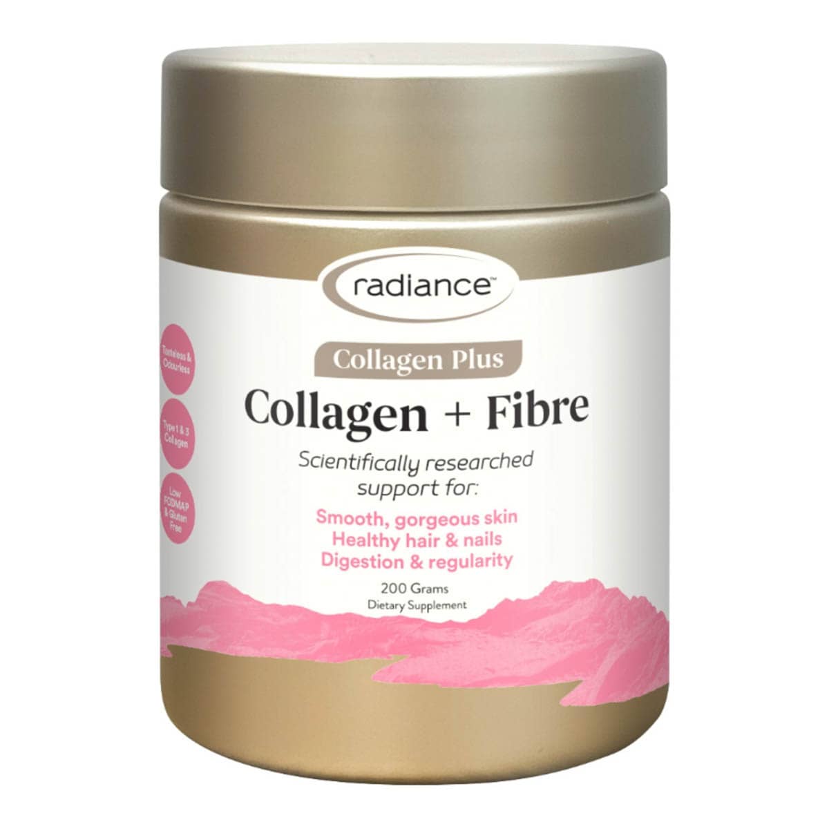 Radiance Collagen Plus Fibre supplement container on a white background