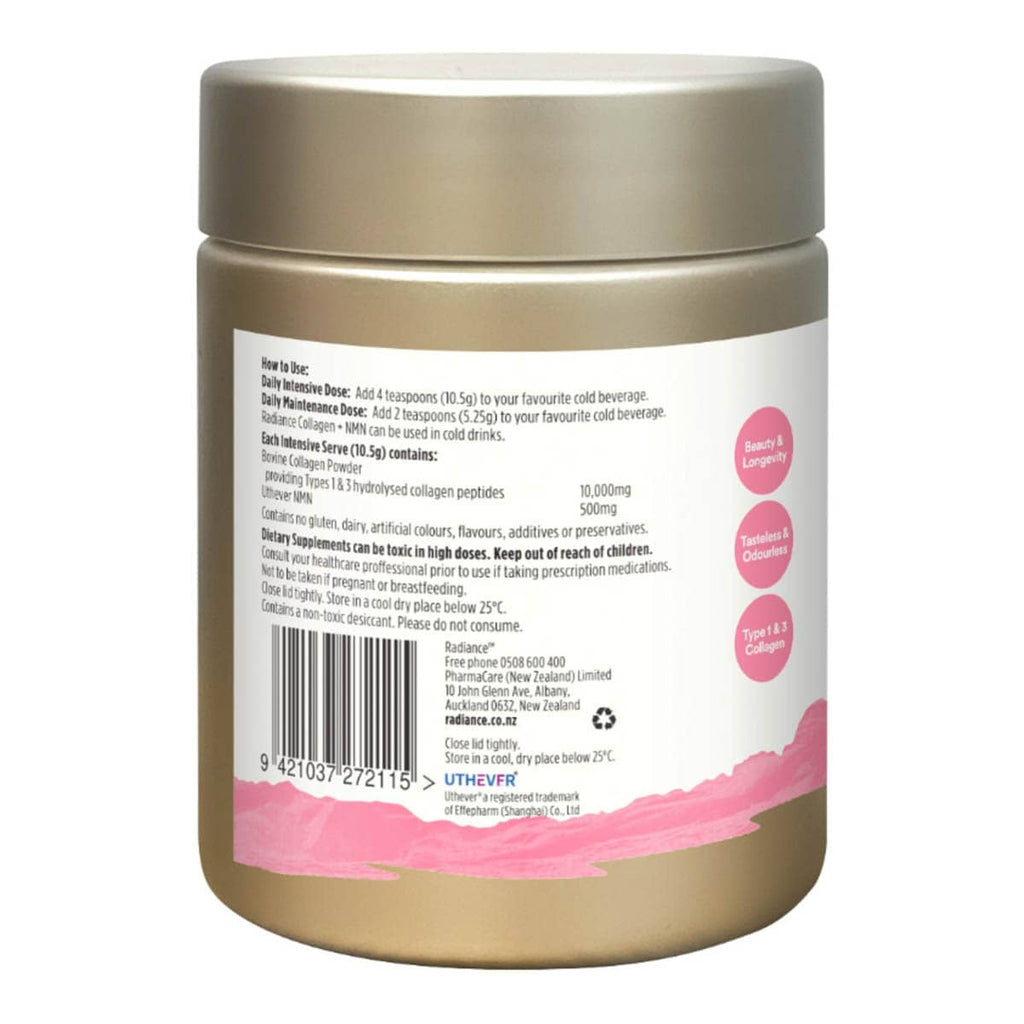 Back of Collagen + NMN with ingredients and directions for use.