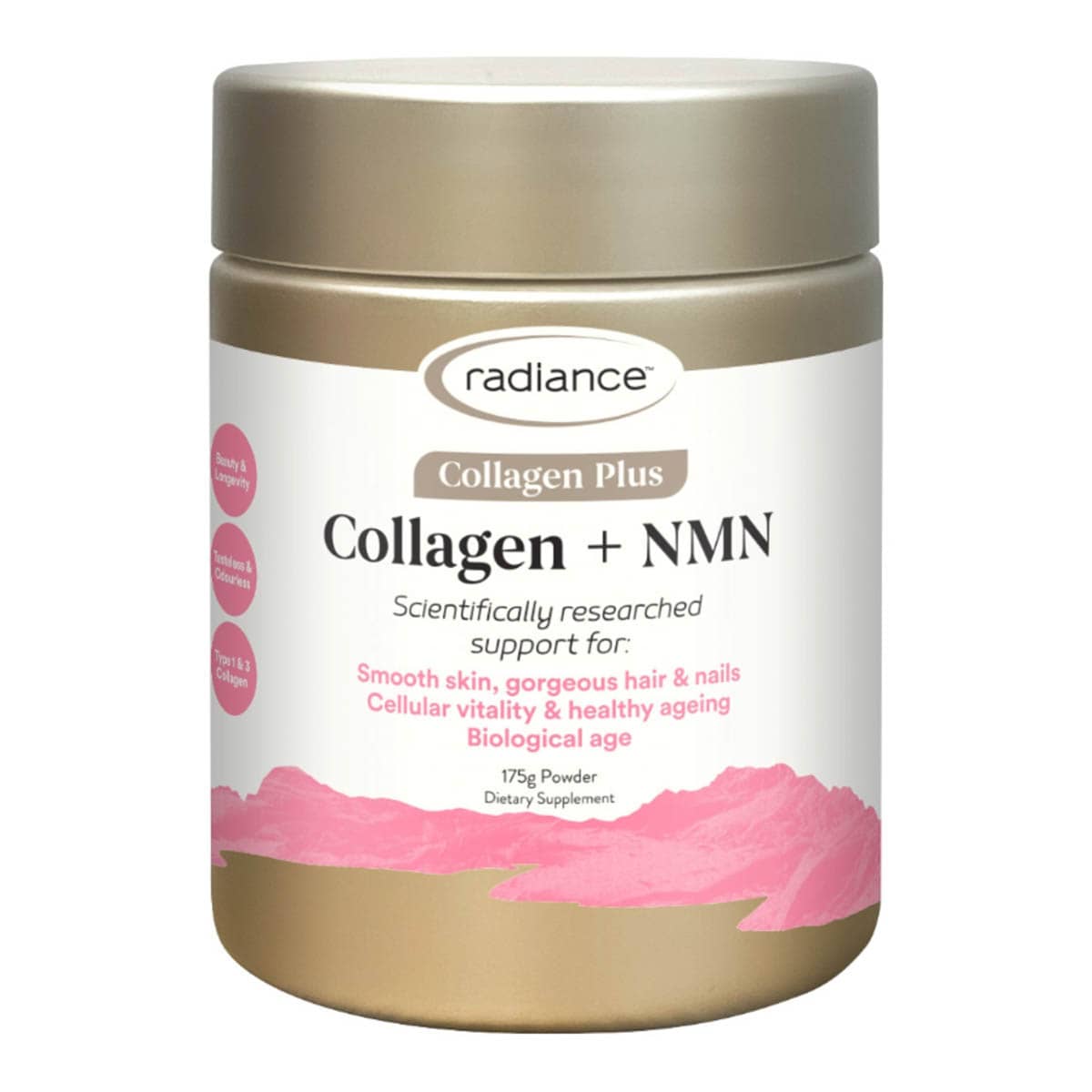 Radiance Collagen Plus Collagen + NMN supplement container on a white background