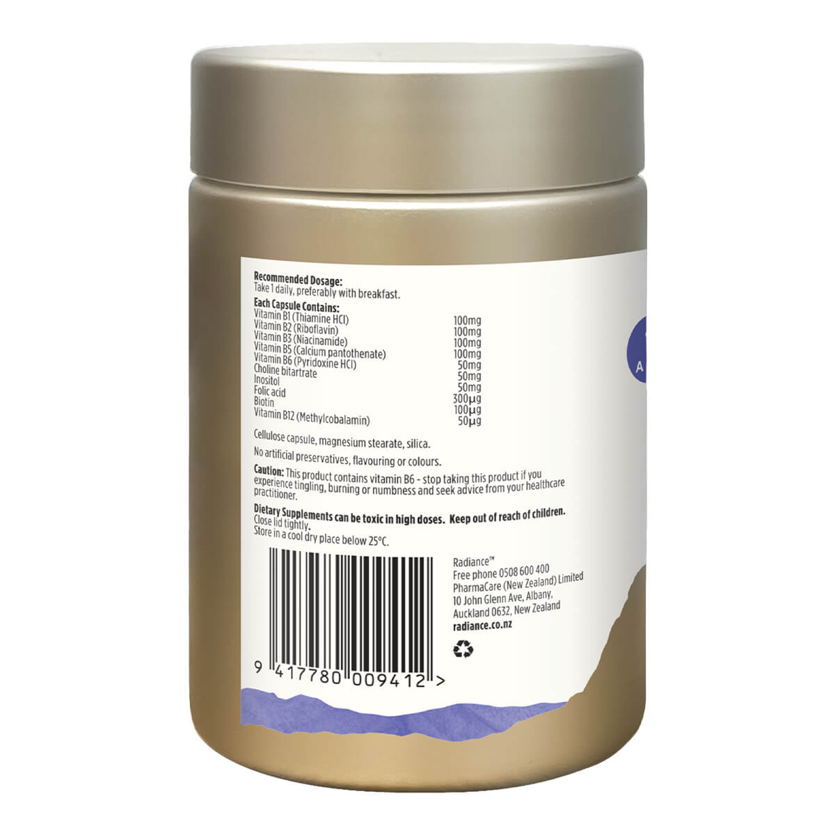 Back label of a supplement container with text and barcode on a white background