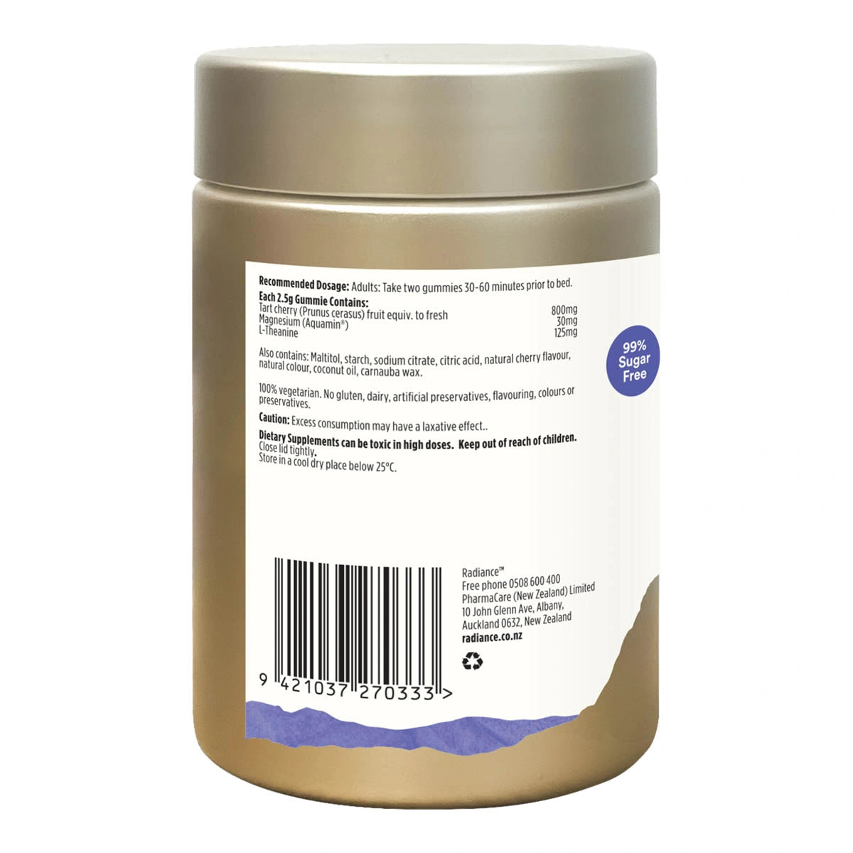 Back of Radiance Dream Sleep Gummies container with label on a white background.