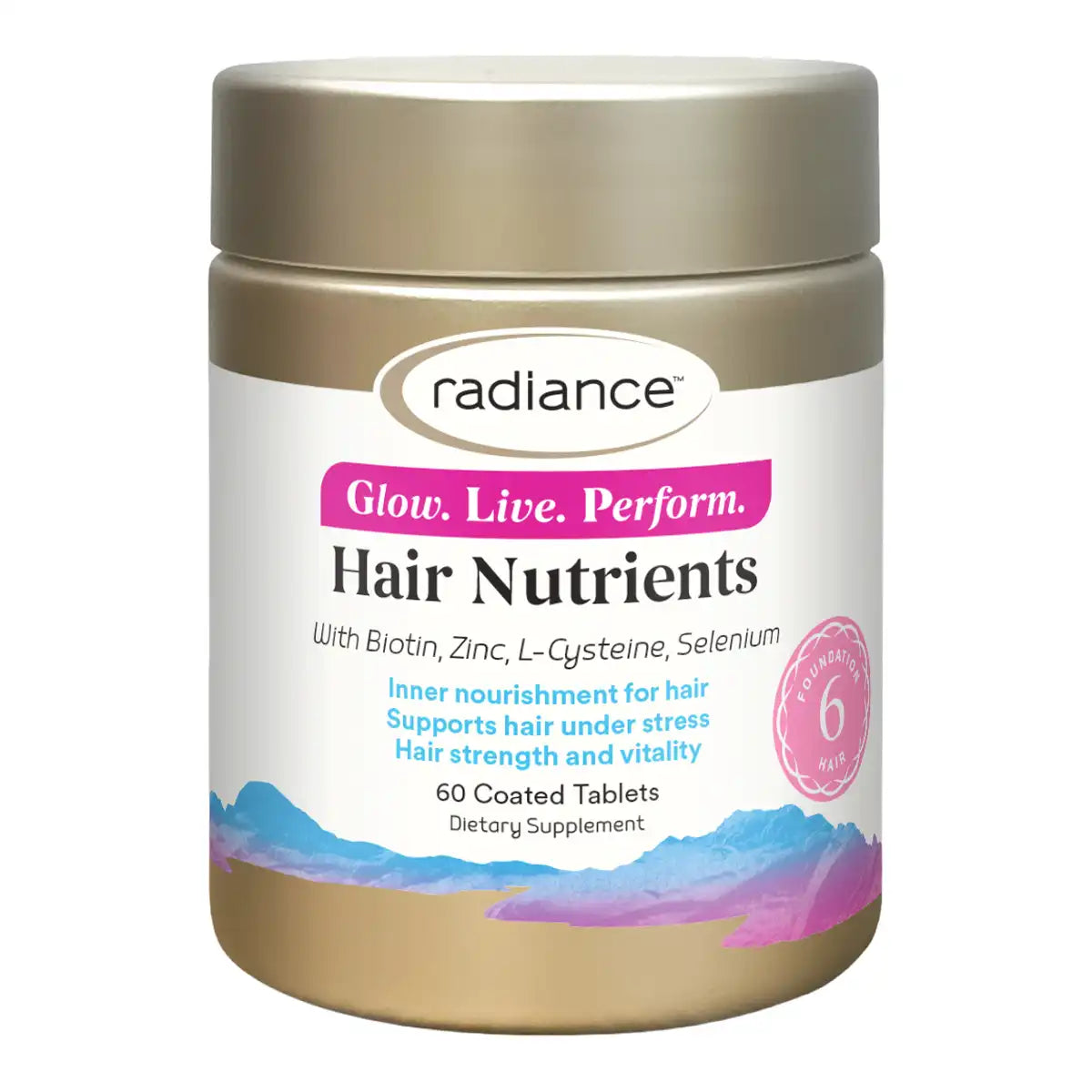 A bottle of Radiance Hair Nutrients dietary supplement tablets. Gold bottle and cap featuring a label with pink and blue accents.