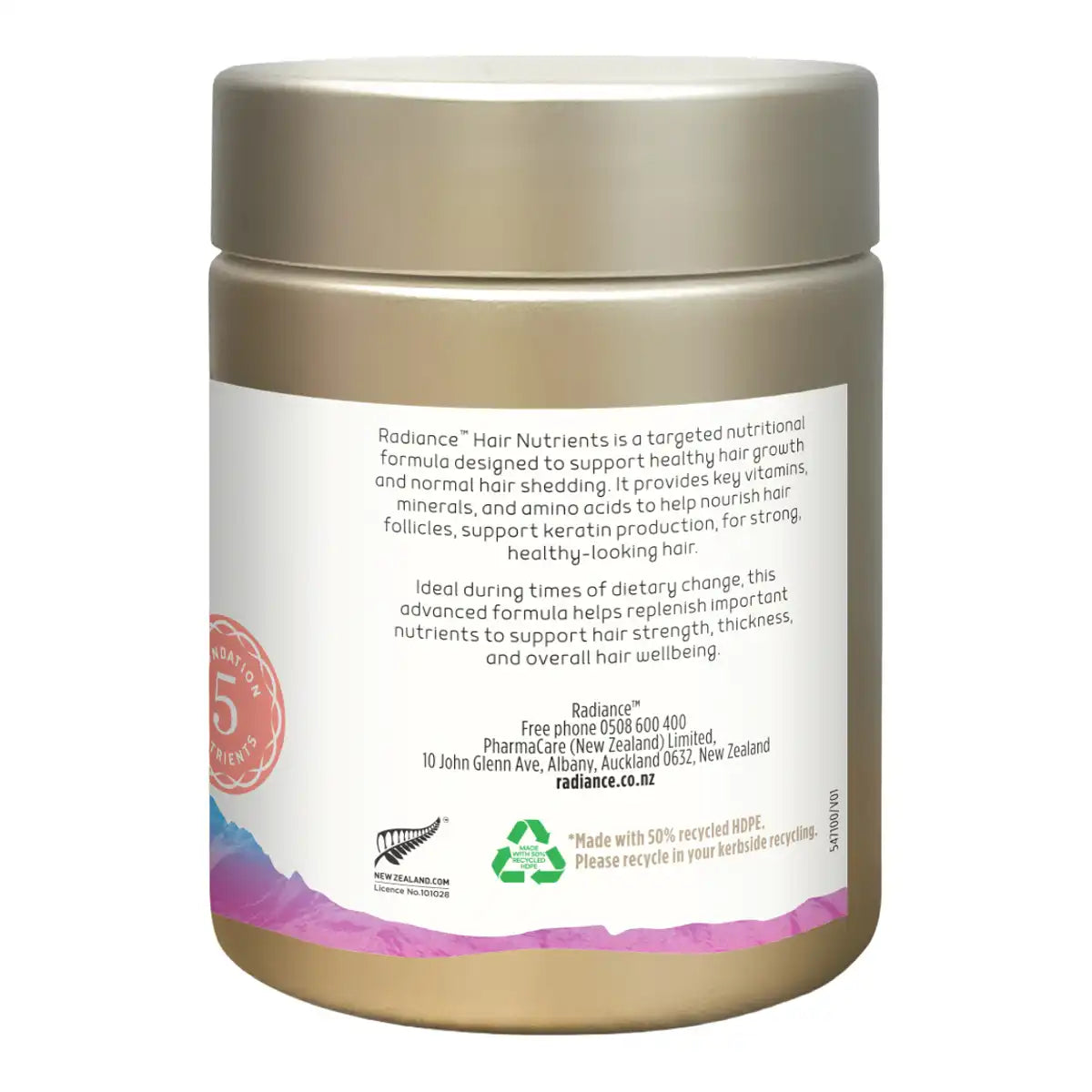 Bottle of Radiance Hair Nutrients with a white label featuring black text and a purple-to-pink gradient band at the bottom.