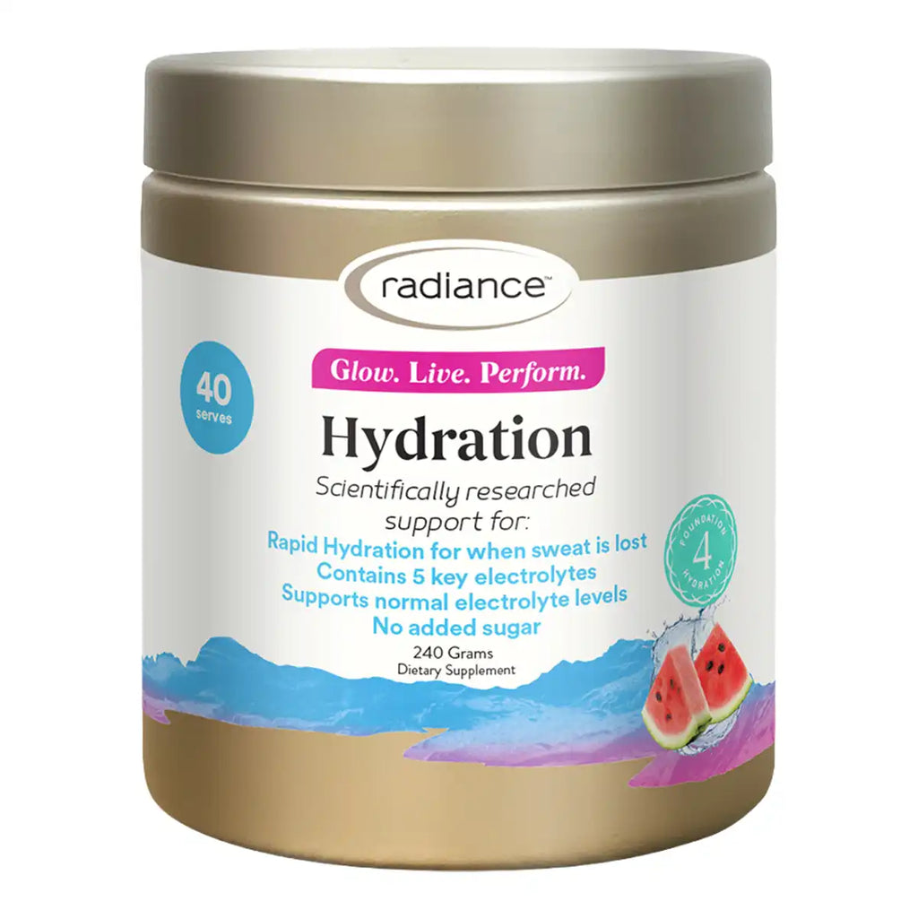 A jar of Radiance Hydration dietary supplement, featuring a white label and watermelon graphics.