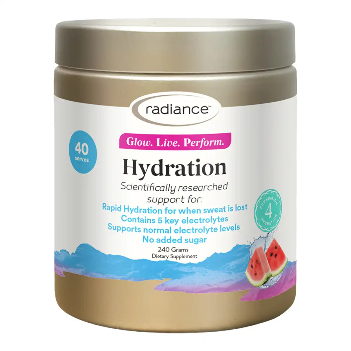 A jar of Radiance Hydration dietary supplement, featuring a white label and watermelon graphics.