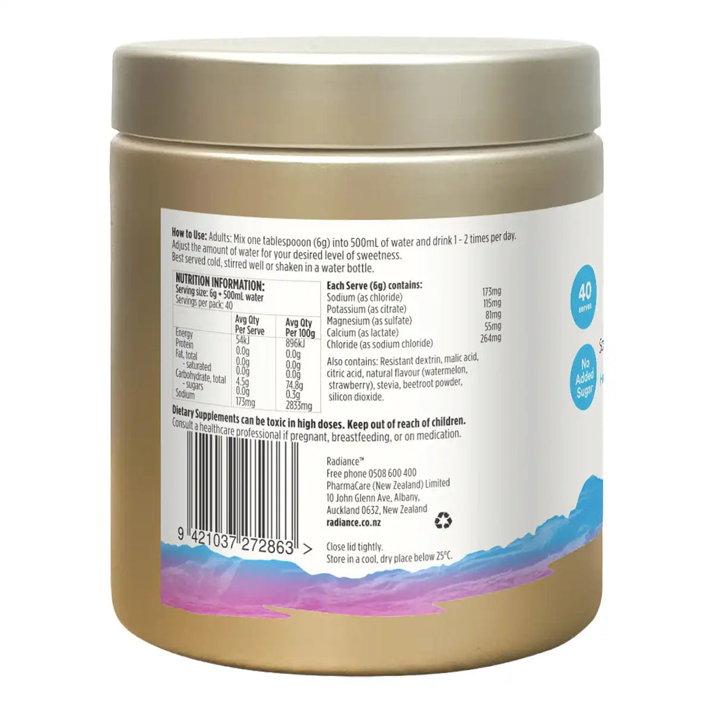 Back view of a gold supplement jar showing the nutrition facts, barcode, and usage instructions on a white label.