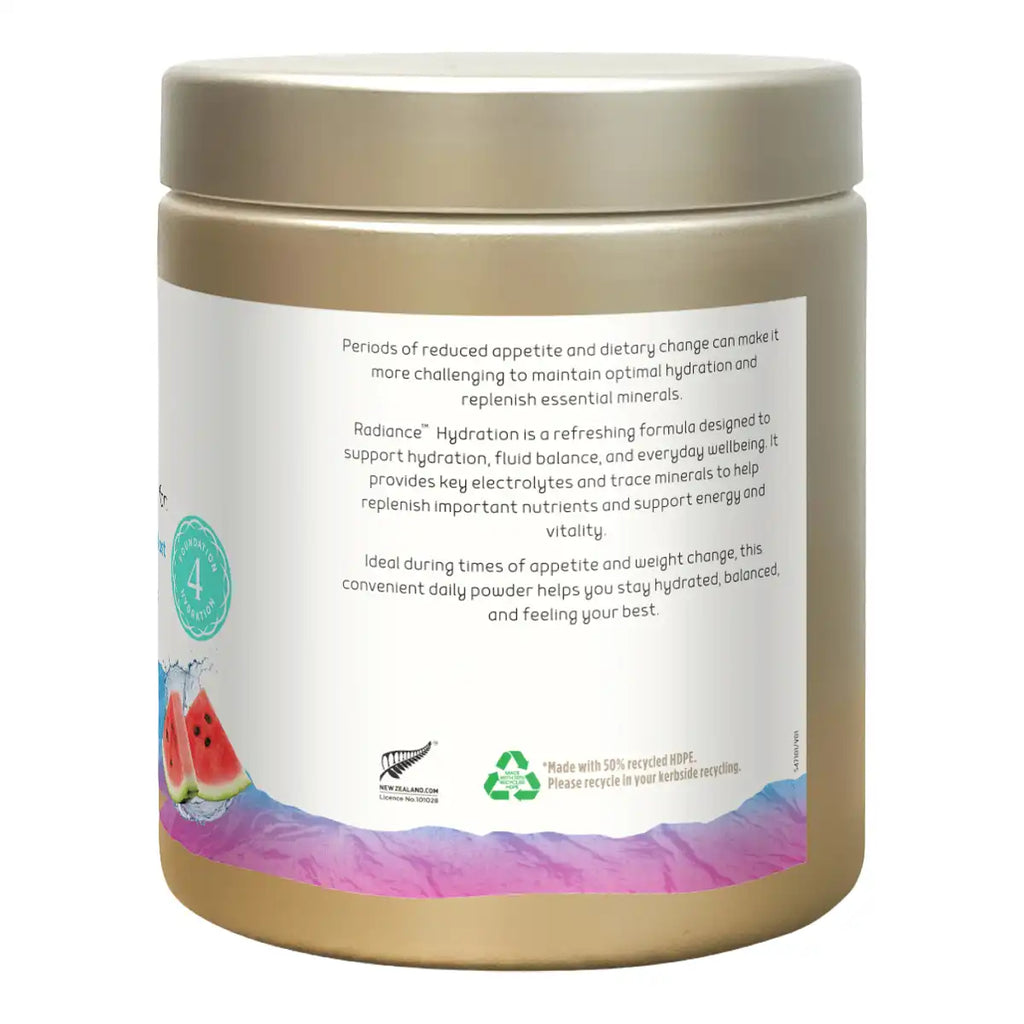 A supplement powder jar with a white label featuring watermelon graphics and text.
