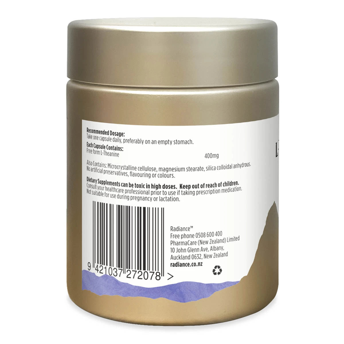 Side view of L-Theanine bottle showing recommended dosage, ingredients and more.