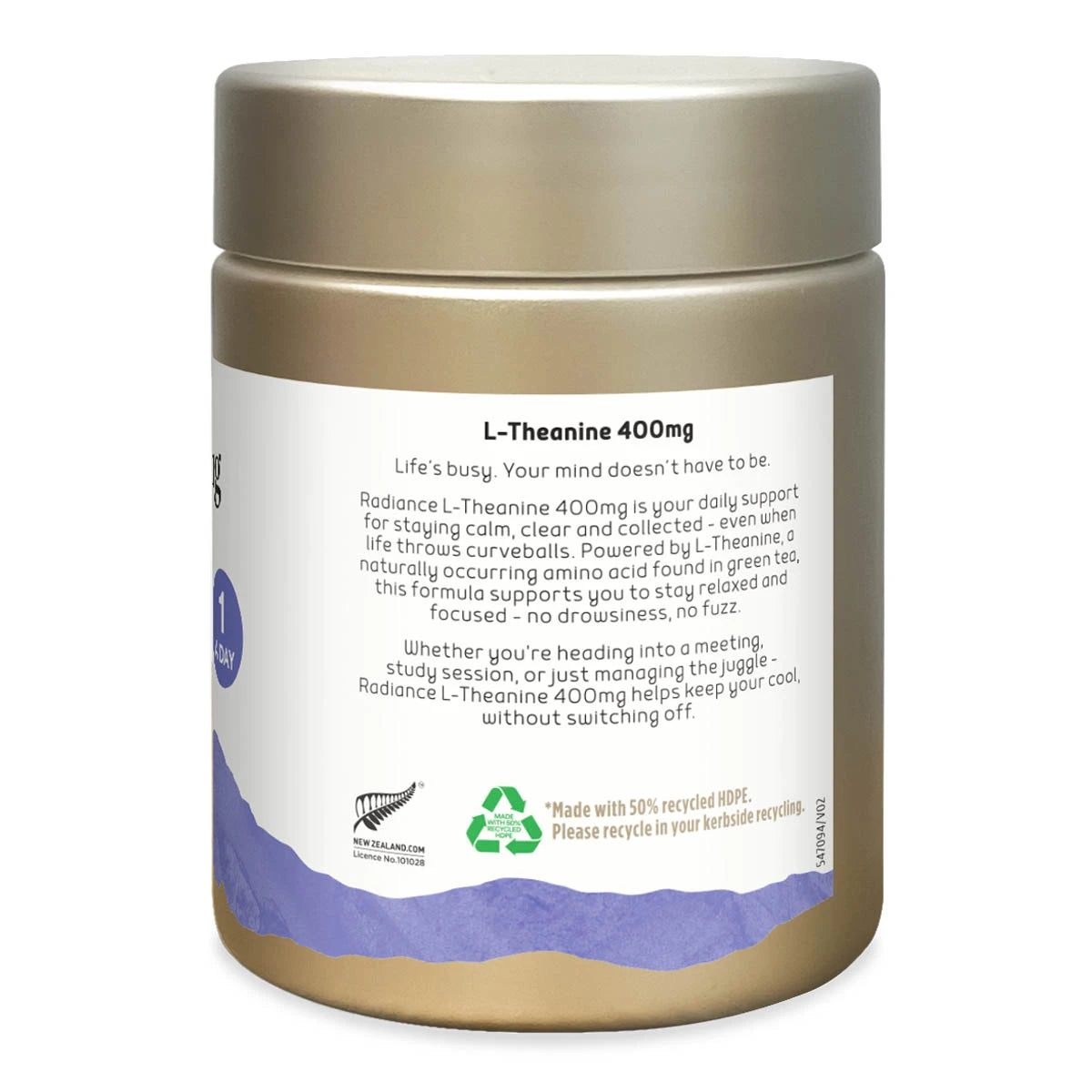 Side view of L-Theanine bottle showing a product description. Life's busy. Your mind doesn't have to be...